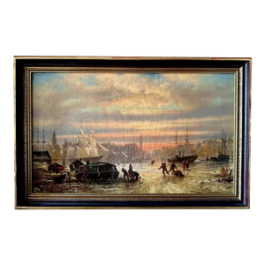 Elias Van Bommel, 19th Century Dutch Oil Painting, Ships in Frozen Amsterdam Harbor