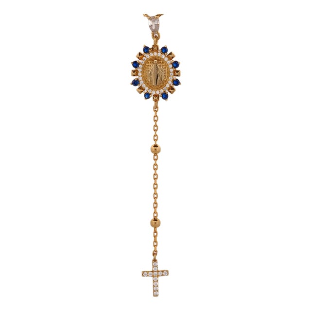 Sapphire & Diamond Virgin Mary Cross Pendant Gold Chain Necklace For Sale