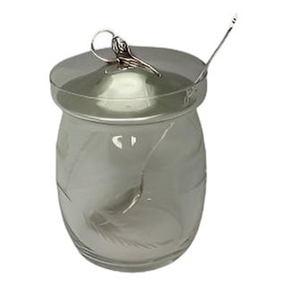 Sterling Silver Lid/Spoon Etched Condiment Jar For Sale
