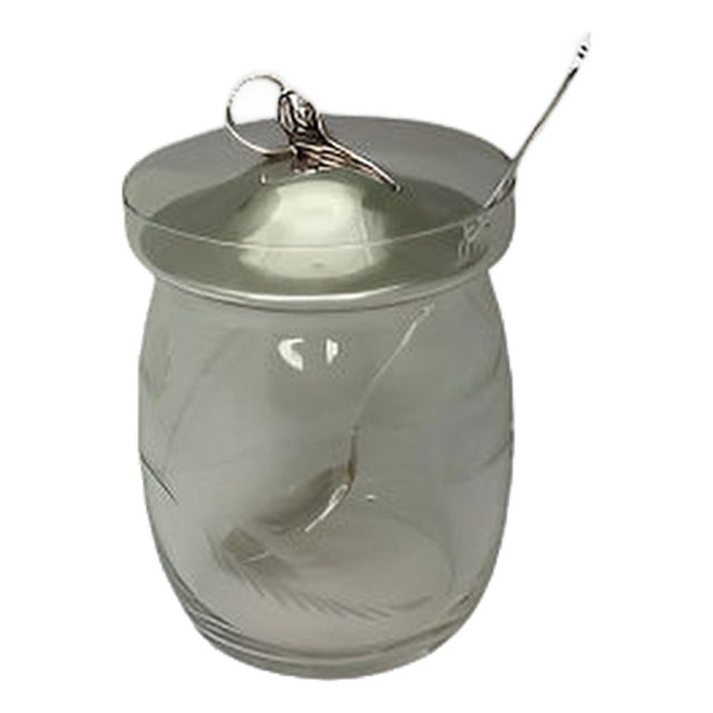 Sterling Silver Lid/Spoon Etched Condiment Jar For Sale