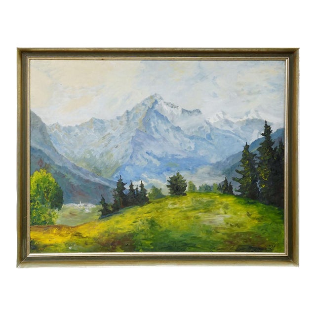 Alpine Landscape Painting With Meadow, Trees and Mountains For Sale