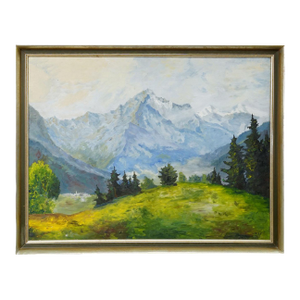 Alpine Landscape Painting With Meadow, Trees and Mountains