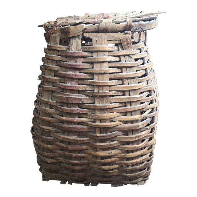 Antique Northeast Woodlands Style Lidded Pack Basket Heavy Splint Black Ash Gathering Vessel For Sale