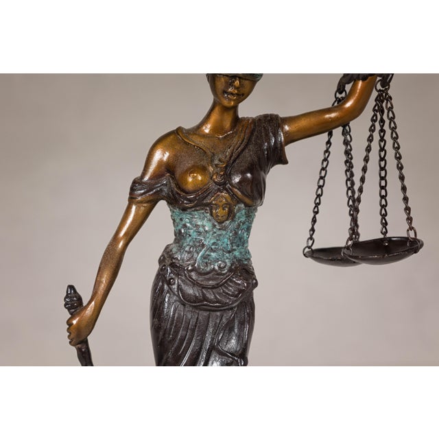 Lady Justice, Cast Bronze Tabletop Statuette with Scales and Sword For Sale - Image 11 of 12