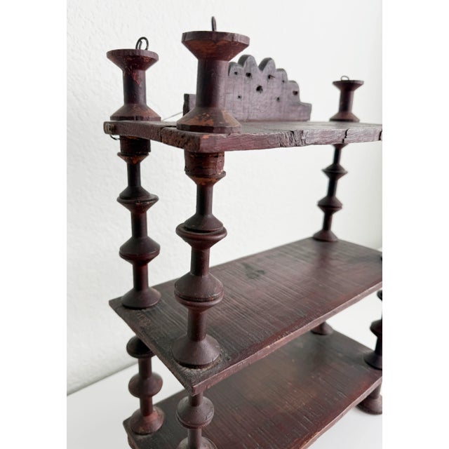 Wood Early 20th C Folk Art 3-Tier Spool Shelf With Painted Finish For Sale - Image 7 of 12