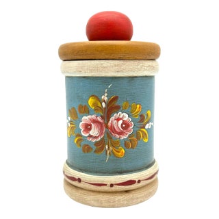 Late 20th Century Vintage Hand Turned Wood Canister With Hand-Painted Still Life Flowers For Sale