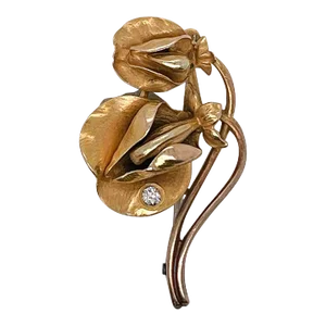 Vintage Signed 14k Gold & Diamond Butterfly Pea Flower Pin or Brooch