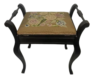 1970s Vintage Uk Imported Black Toned Wood Needlepoint Stool Upholstered Accent Bench With Storage on Cabriole Legs