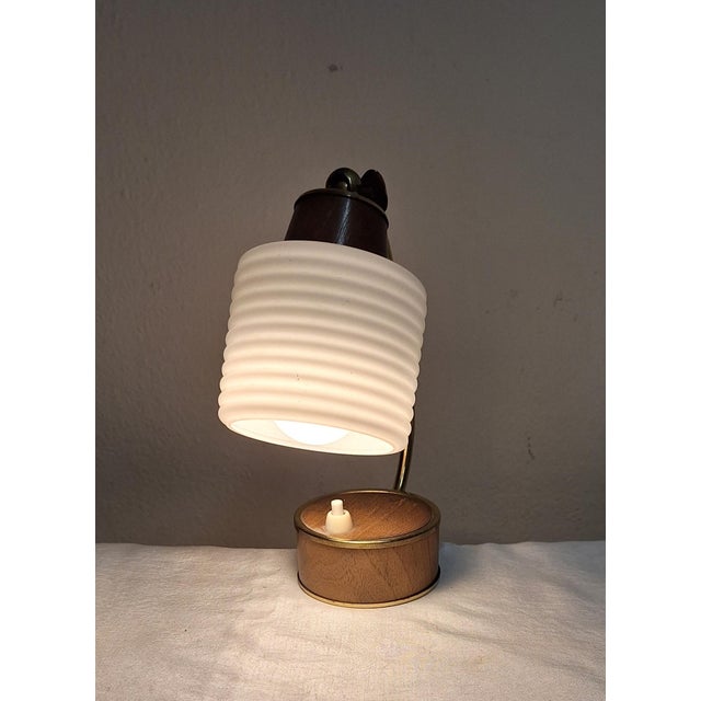 Vintage Bedside Lamp with Brass Frame with Teak Veneer and White Glass Shade, 1970s For Sale - Image 3 of 10