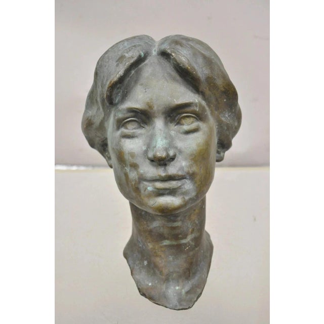 Art Nouveau Vintage Patinated Cast Bronze Bust Statue Sculpture of Woman With Pinned Hair For Sale - Image 3 of 12