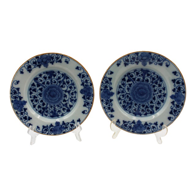 Late 18th century pair of peony medallion Delft blue and white plates, Dutch. Exceptional elegance and quality of...