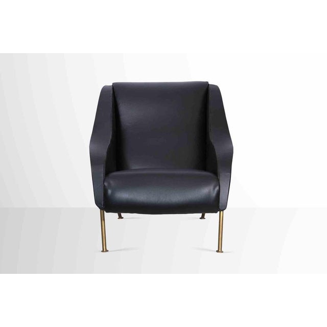 Vintage Leather Armchair with Brass Base, Italy, 1950s For Sale - Image 3 of 7