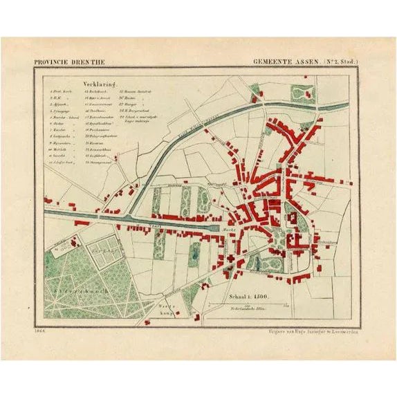 Antique Map of the City of Assen in the Netherlands, 1865 For Sale