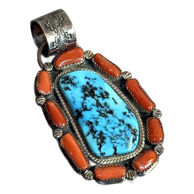 Rita Joe Sterling, Turquoise & Coral Navajo Pendant For Sale
