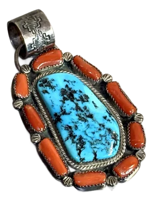 Rita Joe Sterling, Turquoise & Coral Navajo Pendant