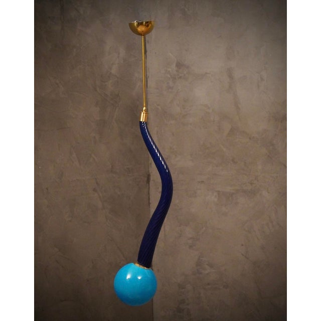 Murano Round Blue Glass and Brass Pendant Light, 1960 For Sale - Image 11 of 11