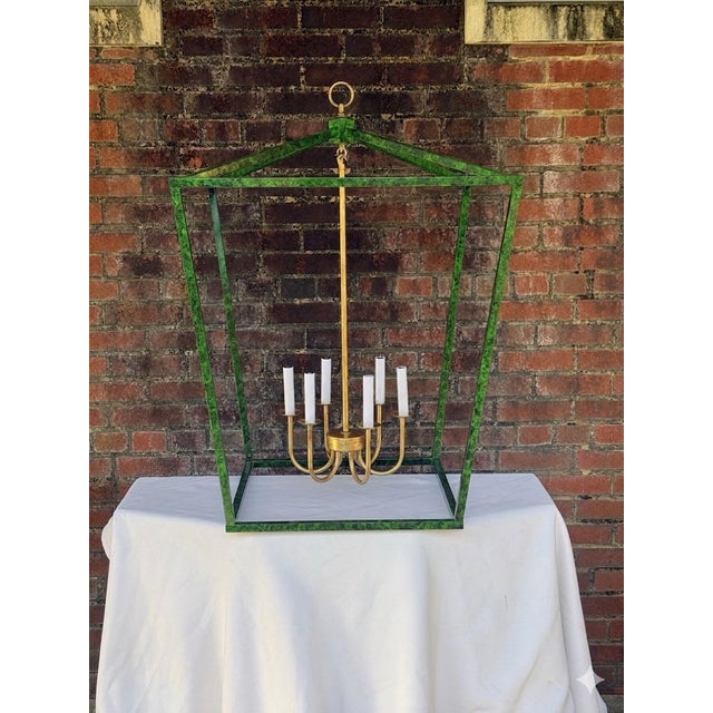 Contemporary Tony Duquette Style Faux Malachite and Hand Gilt Lantern Chandelier by Turtle and Crane - Newly Painted For Sale - Image 10 of 12