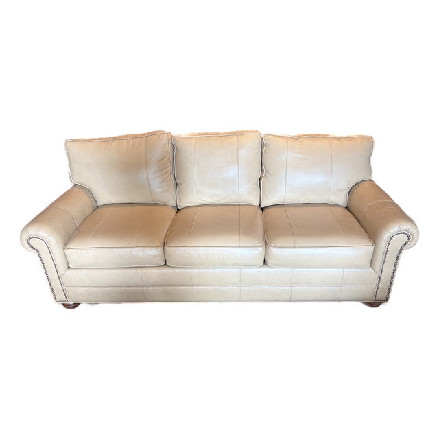 Unused Lexington Furniture Camel Leather Sofa With Nailhead Trim For Sale