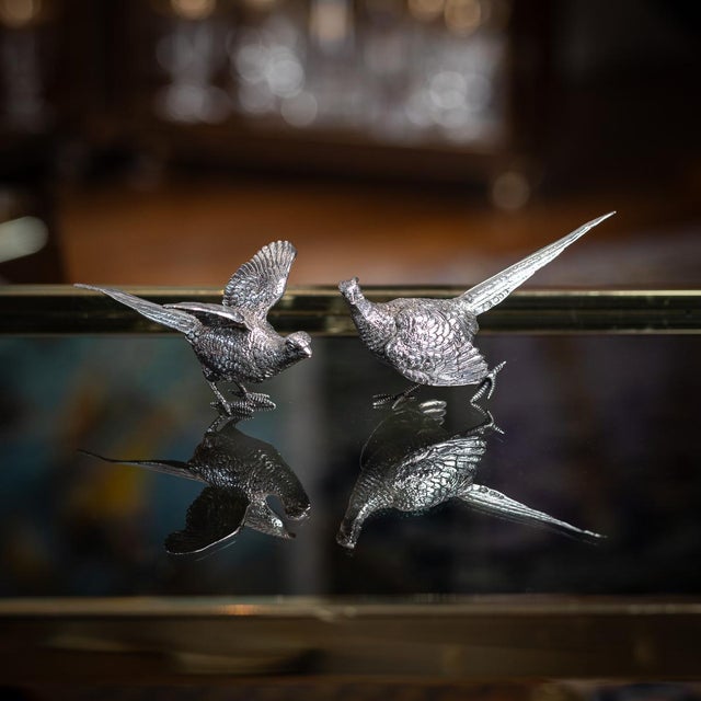 Vintage 20th century english solid silver pair of table ornaments modelled as a cock and hen pheasant. Beautifully...