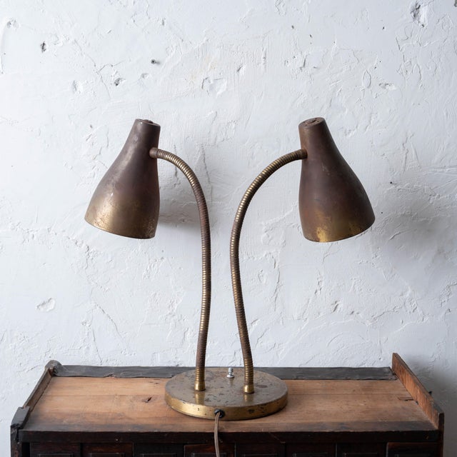 Double Gooseneck Brass Desk Lamp, c.1950 For Sale In Savannah - Image 6 of 11
