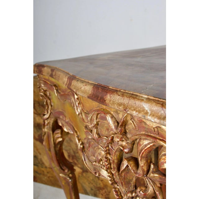 Pair of Painted and Gilded Consoles, Faux Marble Top, Haute Hollywood For Sale - Image 10 of 12