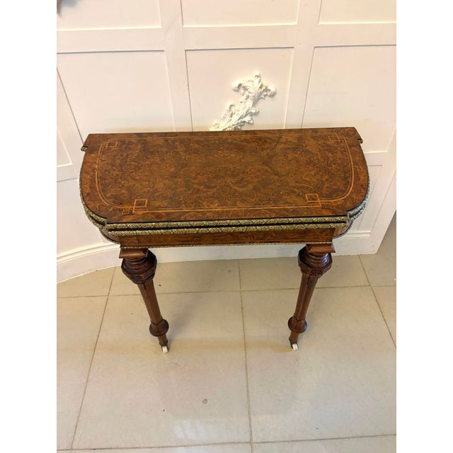 Antique Victorian Burr Walnut Card Console Table with Ormolu Mounts and Inlay, 1850 For Sale - Image 3 of 17