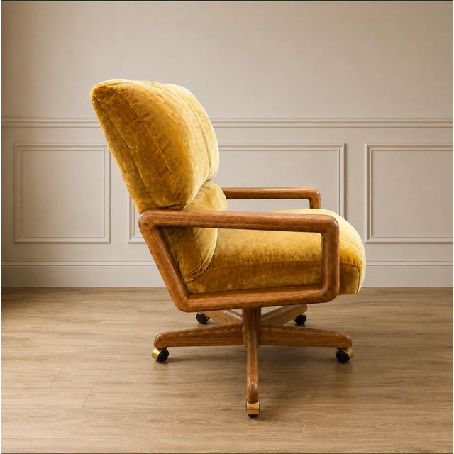 Mid-Century Modern Vintage Mustard Velvet & Sculpted Walnut Exec Game Chair For Sale - Image 3 of 4