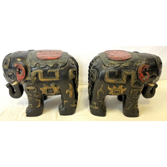 Wood Vintage Solid Wood Painted African Elephant Stools- A Pair For Sale - Image 7 of 15