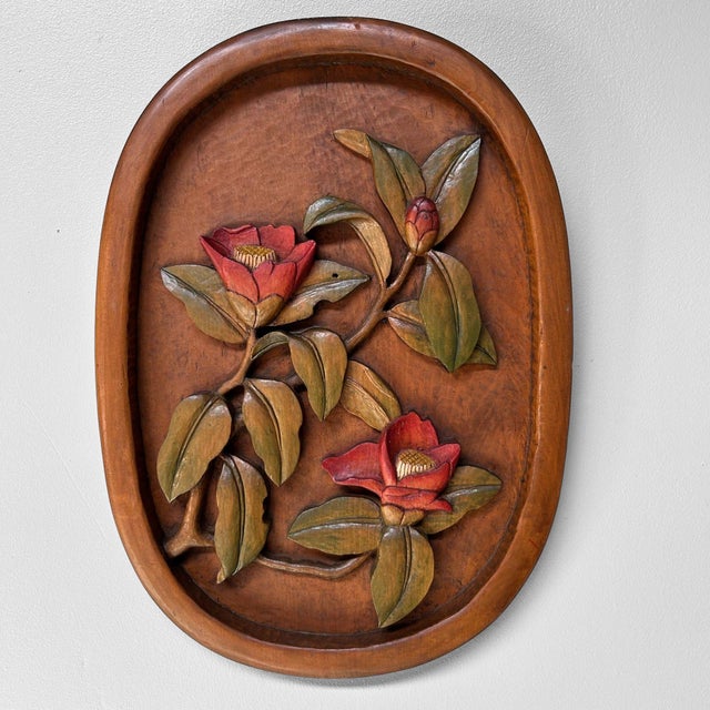 Vintage Japanese Wooden Peony Wall Relief, 1950s For Sale - Image 11 of 11