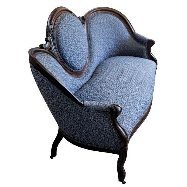 Early 1900s Victorian Ebonized Walnut Sofa in Blue For Sale - Image 4 of 11