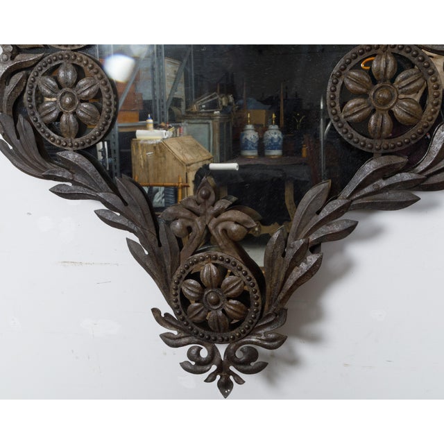 Silver Spanish 19th Century Metal Wall Mirror with Rosettes, Foliage and Dark Patina For Sale - Image 8 of 12
