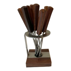 Mid Century Teak Handle Hors d'Oeuvre Forks With Stand