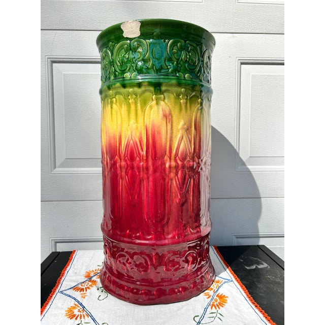 Beautiful large piece of American pottery- a cylindrical umbrella stand / umbrella holder by Roseville pottery. Gorgeous...