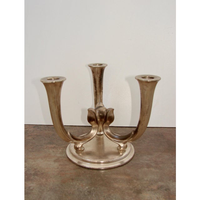 Metal Art Deco Candlestick in Silver-Plated Brass from MF, Germany, 1940s For Sale - Image 7 of 8