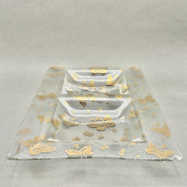 Georges Briard Vintage Mid Century Modern Georges Briard "Golden Butterflies" Glass Divided Serving Dish For Sale - Image 4 of 10