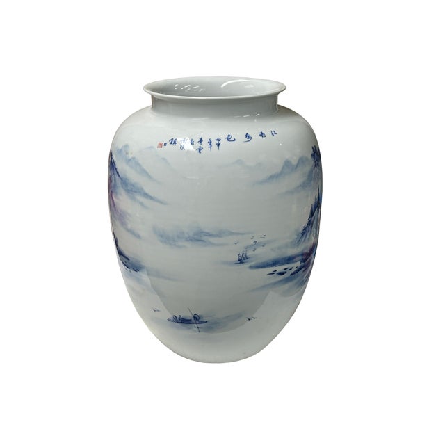 Blue Chinese Blue White Handpaint Mountain Tree Scenery Porcelain Vase For Sale - Image 8 of 14