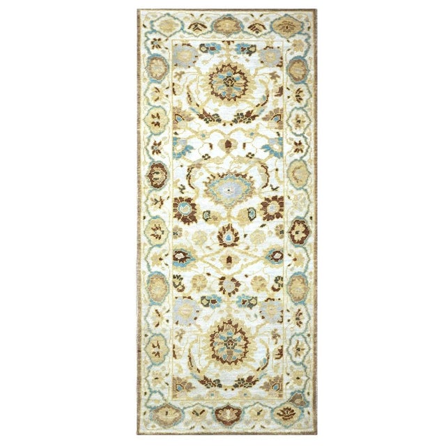 21st Century Afghan Sultanabad Wool 3x6 Ivory, Light Blue & Gold Handmade Runner Rug #1143914 For Sale