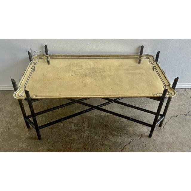Wood Antique Brass Tray Table on Black Chinoiserie Base, 20th Century For Sale - Image 7 of 18