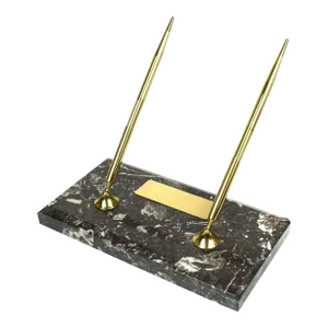 Late 20th Century Modern Solid Marble Stone Base With Gold Color Double Pen/Pencil Stand Desk Pen Holder Set - 3 Pieces