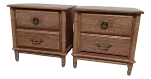 1980s Vintage Wood Nightstand Mid Century Faux Bamboo Dixie Style Honey Set of 2