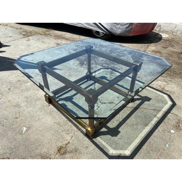 1970s Vintage Mid Century Brass and Glass Coffee Table Attributed to Mastercraft Unmarked For Sale - Image 5 of 11