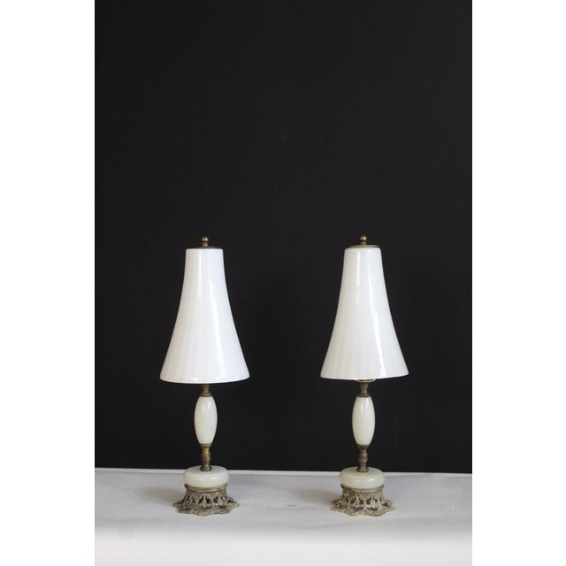 Unusual pair of petite Maison Charles influence Boudoir lamps. Sculptural pieces, . consisting of alabaster and weathered...