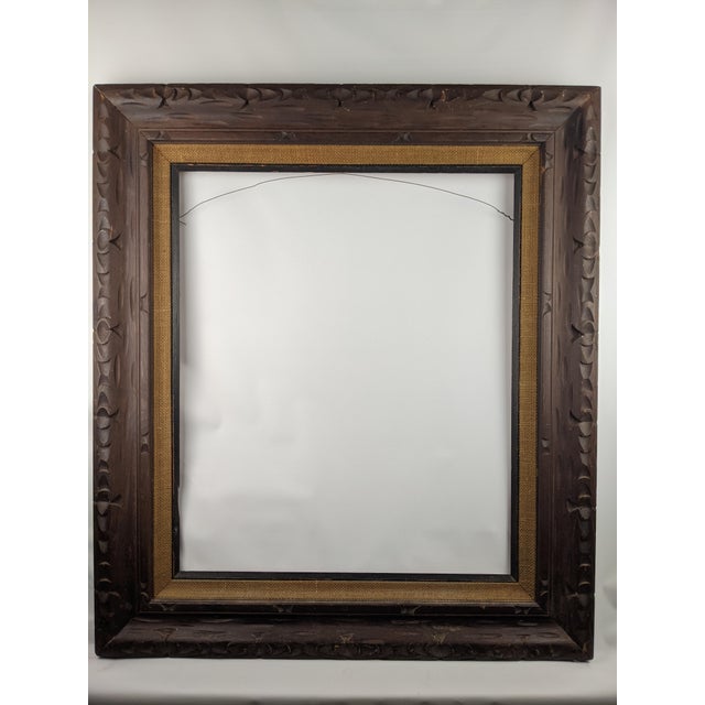 Large Vintage Arts & Crafts Hand-Carved Dark Brown Wood Frame With Linen Liner For Sale - Image 9 of 11