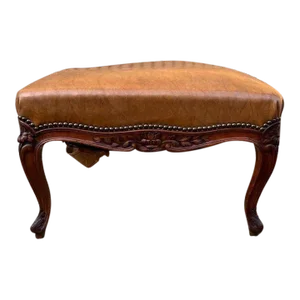 19th Century Antique Louis XV Style Fruitwood Leather Ottoman