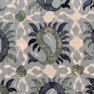 Schumacher Martyn Lawrence Bullard Blue and Green Agra Handprinted Linen Fabric For Sale
