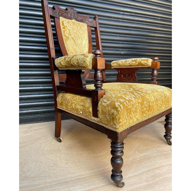 Mid 19th Century Victorian Oak Shield-Back Armchair – Antique Upholstered Library / Occasional Chair With Carved Detail & Castors For Sale - Image 5 of 9