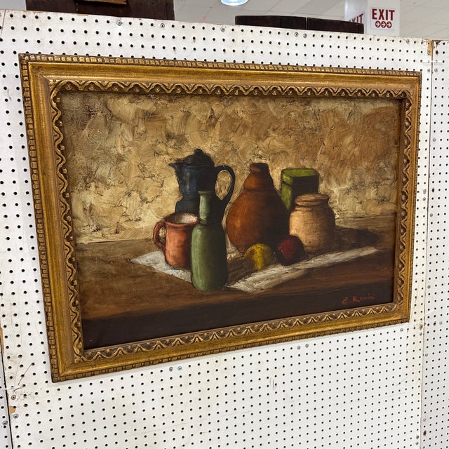 1970s Vintage Mid Century Italian Still Life Oil Painting Signed E. Romini Gold Frame For Sale - Image 5 of 8