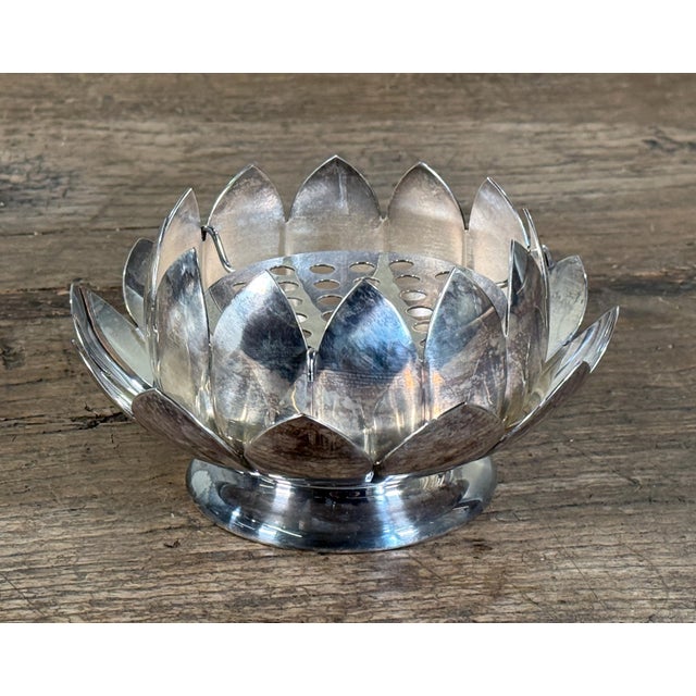 Chinoiserie Reed & Barton Silverplate Lotus Flower Bowl With Flower Frog Insert For Sale - Image 3 of 7