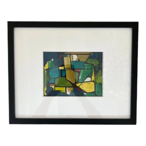 Newly Framed Vintage Midcentury Blue and Green Abstract Geometric Painting