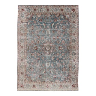 Antique Persian Tabriz Rug With Allover Floral Pattern in Soft Blue, Cream & Red 9' X 12'5. For Sale